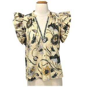 Ulla Johnson SS22 Elena Lemonbalm Ruffle Sleeve V-Neck Cotton Top Blouse Size 6